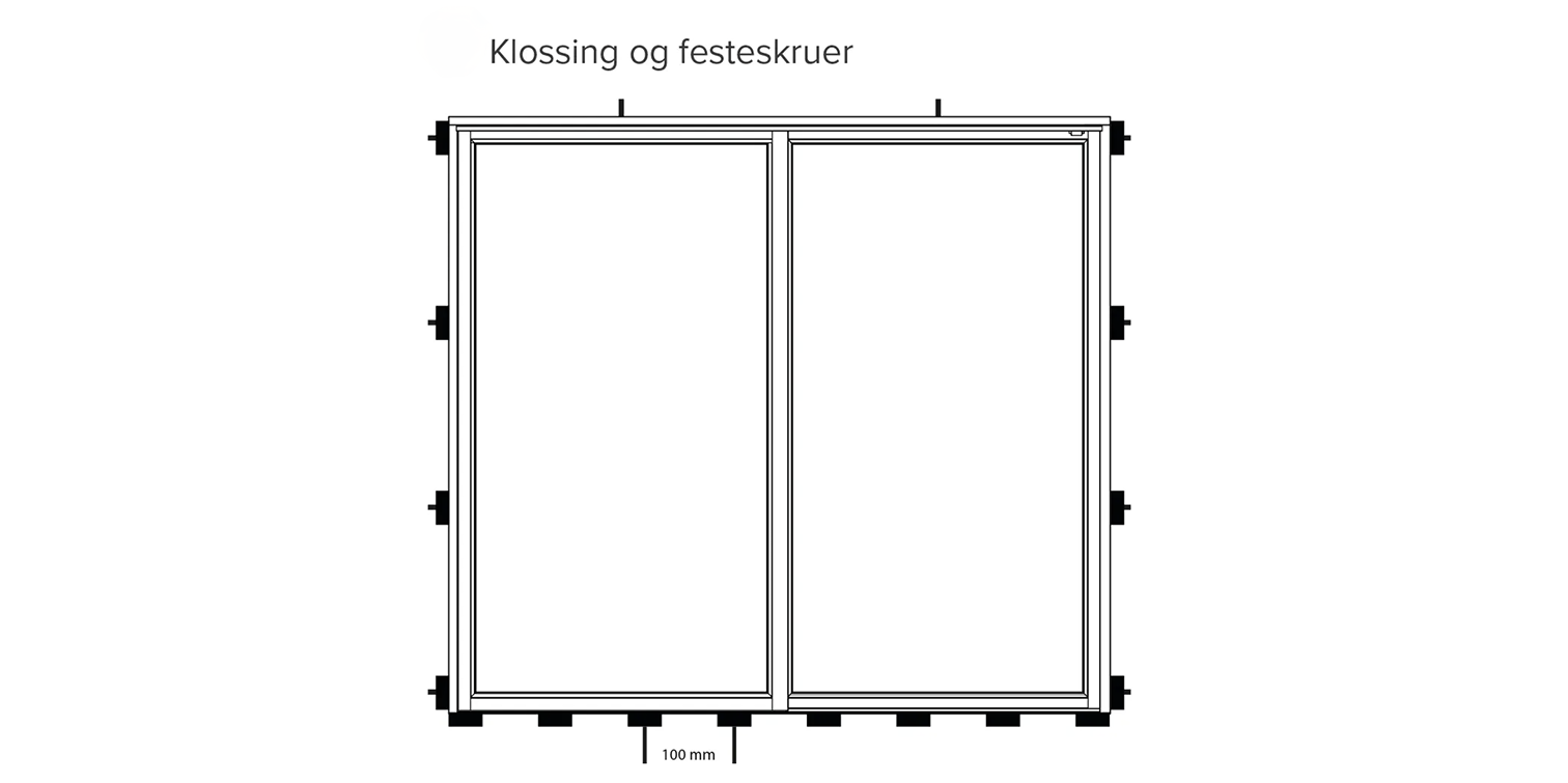 Illustrasjon av klossing og festeskruer på heve-skyvedør